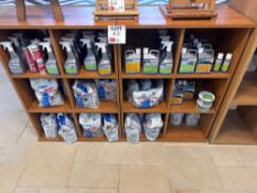 Two 6-section display units and contents of various grouts, silicones, and cleaning as lotted