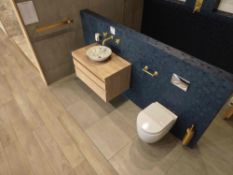 Rio BTW Toilet Oslo single drawer lime-washed floating unit, Terazzo basin, Haus matt brass taps, Ha
