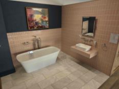 Freestanding bath with taps, sink, mirror and various accessories as lotted