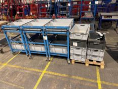 X3 eurokraft mobile parts trollies with 19 plastic storage bins