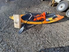 Single seat kayak with folding trolley,paddles and life jackets as lotted