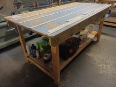 2 x various timber framed work tables, 2000 x 1000mm