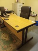 Oak effect rectangular 3-drawer office desk with 2 x various mobile office chairs