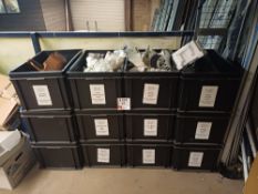 Quantity of various gutter parts, to 12 plastic storage bins