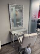 White two drawer vanity desk with wall mounted gilt framed mirror and whitre leather chair