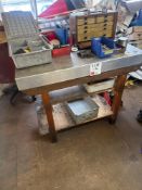 Timber frame metal topped workbench complete with contents to include M+W wooden tool chest with v