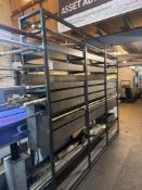 Steel rack and contents to include various stainless steel bar, aluminium box and steel bar and box