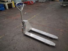 Stainless steel narrow tine pedestrian pallet truck. 2000kg capacity