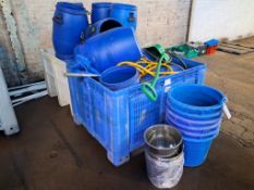 2 plastic storage pallets/crates and contents incl plastic drums, stainless steel buckets etc