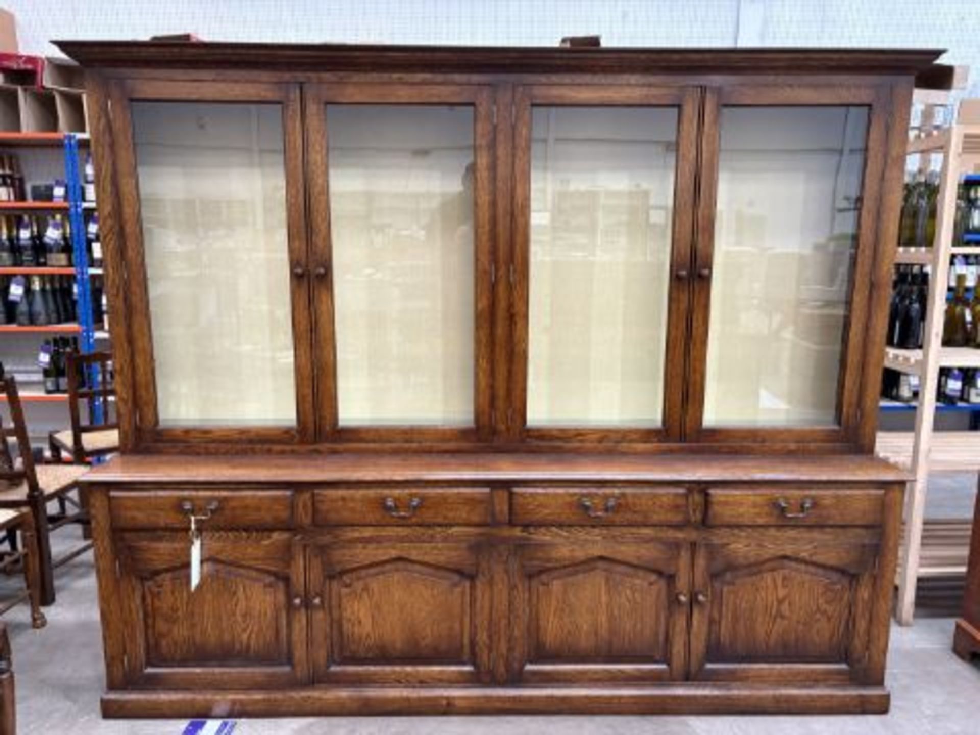 Large Oak Four Over Eight Illuminated Side Board / Display Cabinet with Glass Shelves