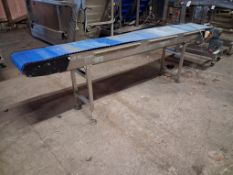 Stainless steel powered 3phase plastic belt conveyor. Approx 400 x 3000mm. Working height 830mm