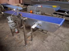 Stainless steel 3 phase conveyor 280 x 1800mm. Working height 930/1060mm