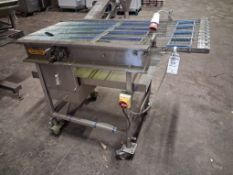 Stainless steel powered 3 phase wire mesh conveyor 600 x 1450 with crumb collector underneath.