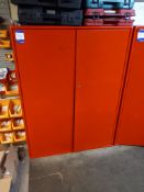Twin door steel cabinet and contents to include assortment of car parts, tooling, hand tools etc.