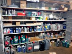 Contents of 'BIN C' rack containing various oils, puncture repair sealants, accessories