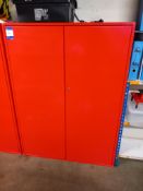 Twin door steel cabinet and contents to include assortment of car parts, tooling, hand tools etc.