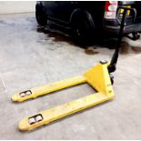 Yellow wide fork hydraulic pallet truck