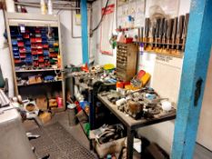 Large quantity of tooling to 3 benches, cabinet and wall