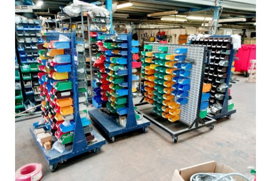 Lin Bin Box Racking 5 x Mobile lin bin racks with quantity of various nuts, bolts, screws ...