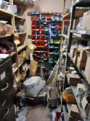 Contents to four shelving units to include various machine tooling and components and filing