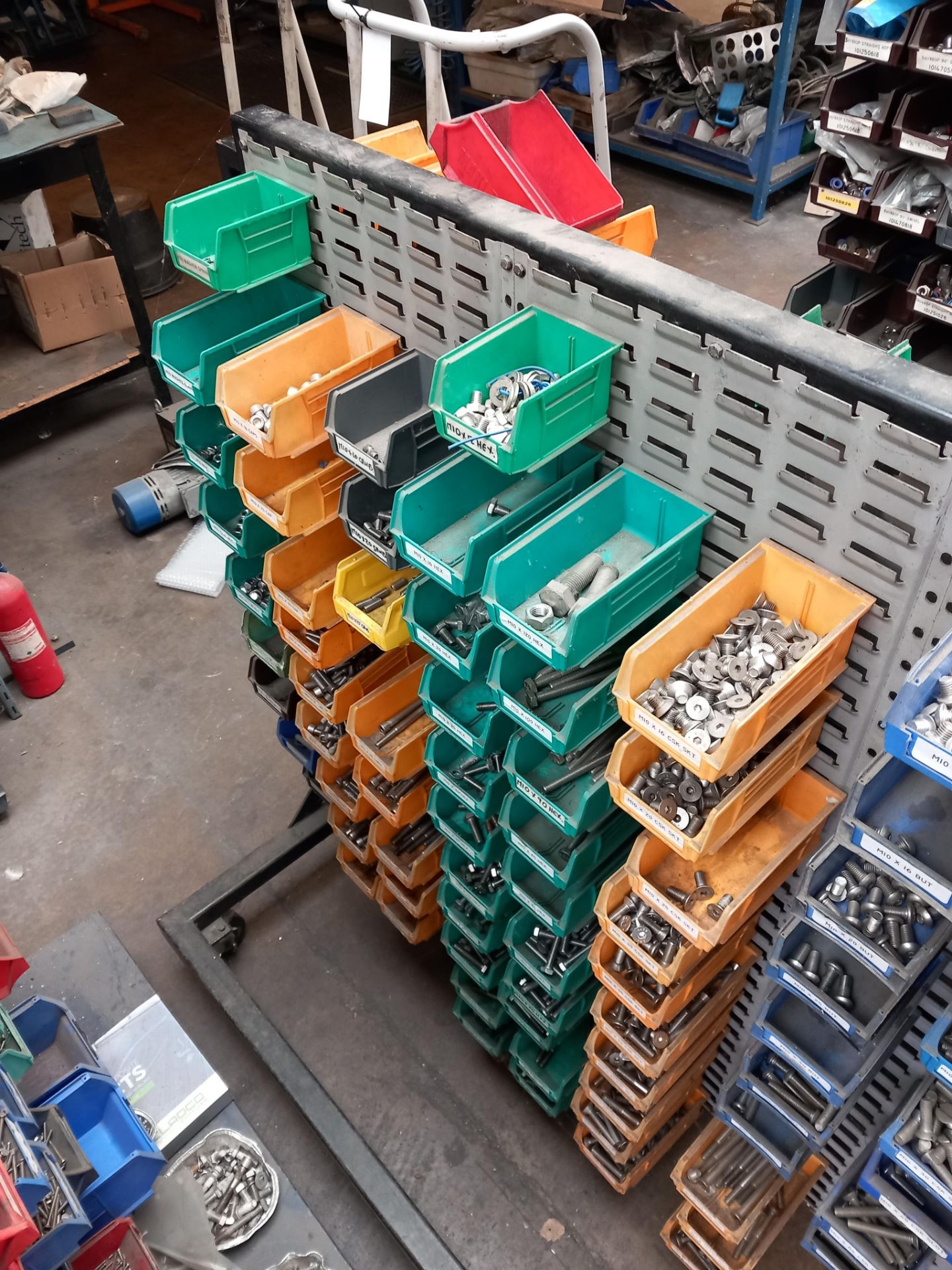 5 x Mobile lin bin racks with quantity of various nuts, bolts, screws ...