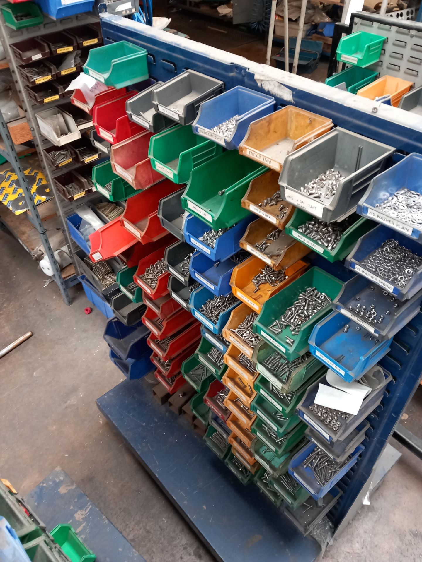 5 x Mobile lin bin racks with quantity of various nuts, bolts, screws ...