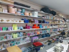 Quantity thread/ribbon/straps/elastic to shelving on back wall