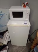 Larder fridge, microwave and kettle