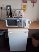 Daewoo microwave, Delonghi toaster, Breville kettle, Daewoo kettle and larder fridge to staff room
