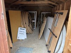 Loose and removable contents to large garden shed including assorted folding tables