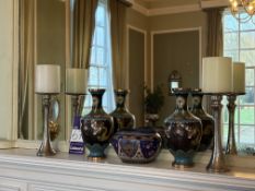 2 vases, small pot and pair of candle stick holders