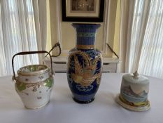 Vase, cake stand, ceramic bucket and framed artwork