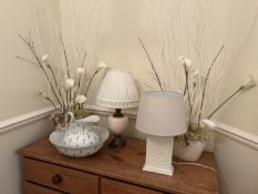 A selection of decorative items to include, lamp, artificial foliage, wash jug and bowl.