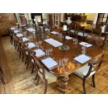 Mahogany extending dining table to include 5 extension leaves with harlequin set of 17 dining chairs