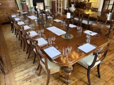 Mahogany extending dining table to include 5 extension leaves with harlequin set of 17 dining chairs
