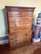 8 drawer tall boy with pull out shelf. 1140mm x 550mm x 1920mm. BUYERS PLEASE NOTE DAMAGE TO HANDLES