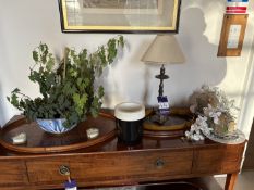 Various items to include table lamp, wooden trays, foot stool etc