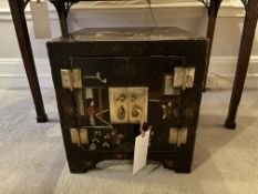 Chinese black lacquer cabinet with hand painted decoration and brass details. 415mm x 445mm x 445mm