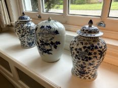3 painted blue and white satsuma Urns