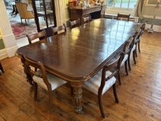 Oak extending dining table to include 3 extension leaves with set of 10 dining chairs. 3050mm x 1350