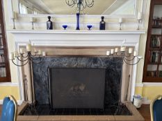 Fire crate (1150mm x 320mm) fire guard (1800mm x 1010mm) and pair of candle holders