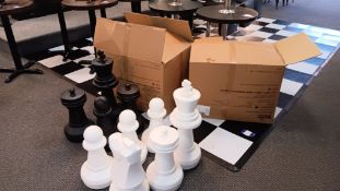 Modular black and white non-slip tile dancefloor, approx 13ft x 10ft and oversized chess pieces –
