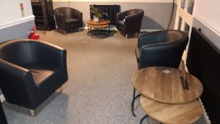 2 x round nest table sets and 4 x faux leather upholstered tub chairs and floor lamp – Located in
