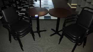 2 x Circular pedestal tables 600mm and 6 x faux leather upholstered metal framed stackable dining