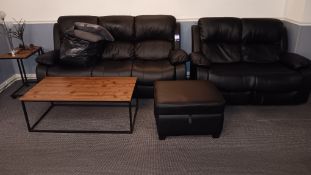 2 x Faux leather upholstered sofas with footstall storage unit and 2 coffee tables – Located in