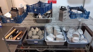 Contents of rack to include pie dishes, bowls, cooking utensils and part complete appliances –