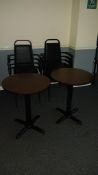 2 x Circular pedestal tables 600mm and 8 x faux leather upholstered metal framed stackable dining