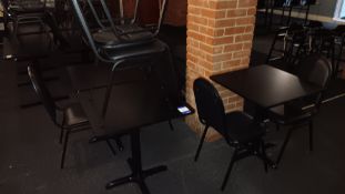 4 x square dining tables on pedestal supports and 8 x faux leather upholstered stackable dining