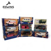 Nine Boxed Corgi Commercial Vehicles to include 656/21 Ford Transit Ambulance, C656/1 Transit RAC,