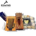 A mixed decorative lot. comprising a set of ten black lacquered chopsticks, a group of nine polished